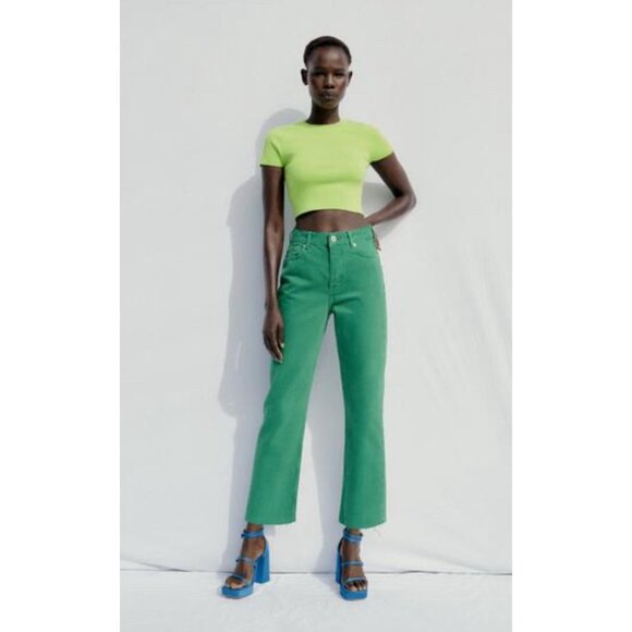 Zara Denim - Zara Jeans Womens Sz 6 Green High Rise Wide Leg Frayed Grunge Hipster 28x32